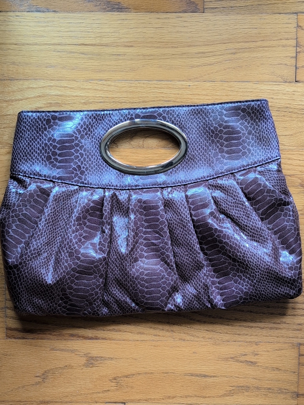 Express Purple Snake-Print Clutch with Oval Metal Handle